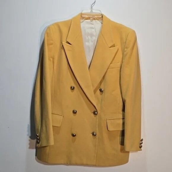 Burberry Wool & Cashmere Mustard Yellow Double-Breasted Blazer. Size 12. - Picture 1 of 15